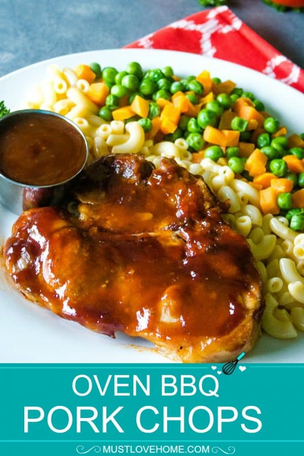 Oven BBQ Pork Chops are pork chops marinated in a bold mixture of Italian dressing, steak seasoning and worcestershire sauce, then baked with a coating of tangy barbecue sauce. It's an easy weeknight dinner that's sure to become a family favorite recipe. #mustlovehomecooking