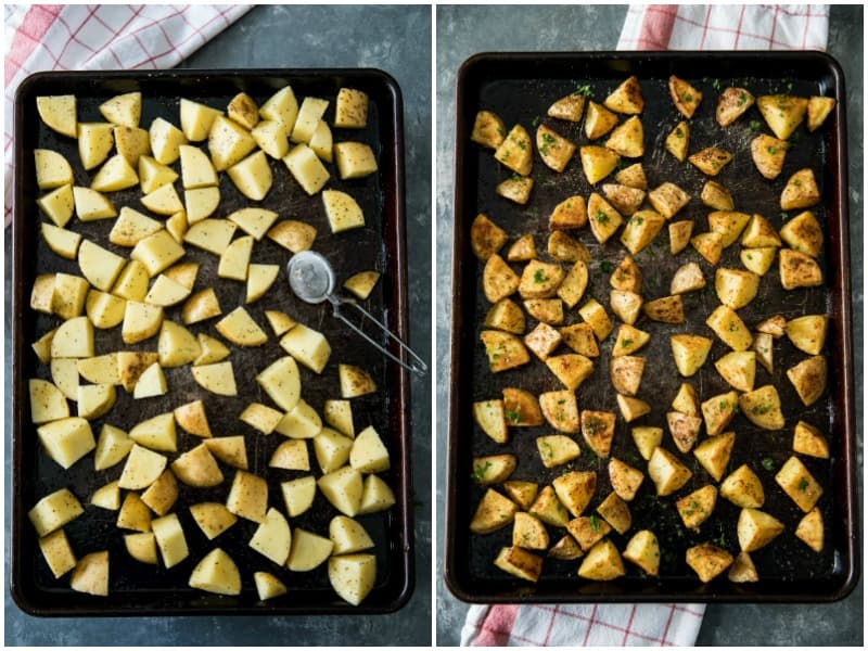 Oven Roasted Garlic Potatoes - crispy on the outside and fluffy inside. The garlic and spices add delicious savory flavor with every bite.#mustlovehomecooking #ovenpotatoes