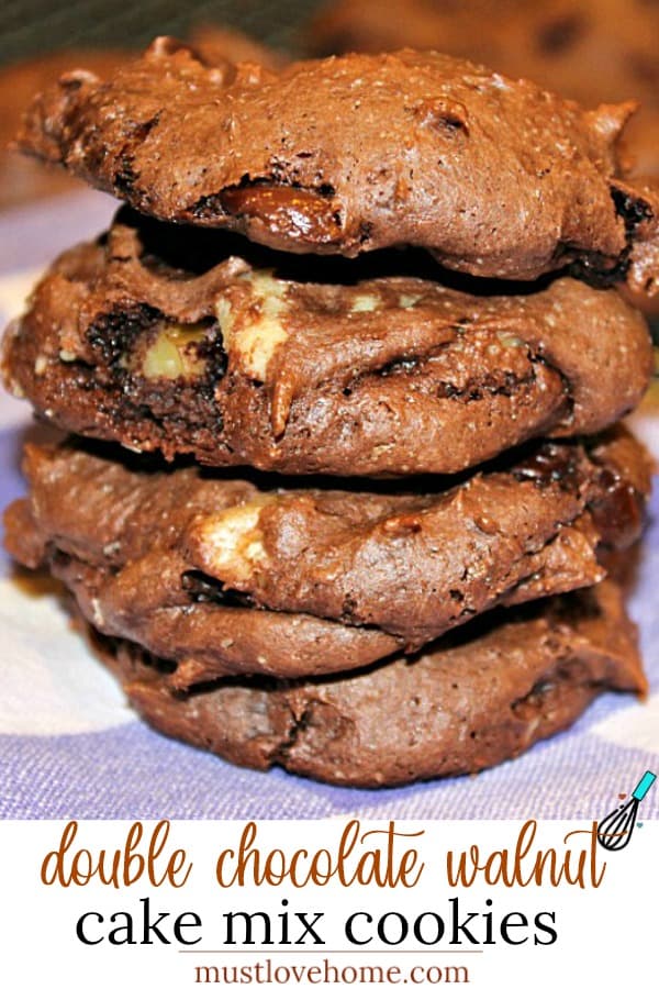 Double Chocolate Walnut Cookies are delicious fudgy cake mix cookies, chock full of chocolate chips and walnuts.  Easiest one bowl recipe! #mustlovehomecooking