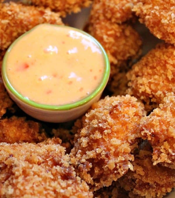 Amazingly moist and crunchy chicken bites served with a sweet buffalo chili dipping sauce - the perfect entree or party appetizer.