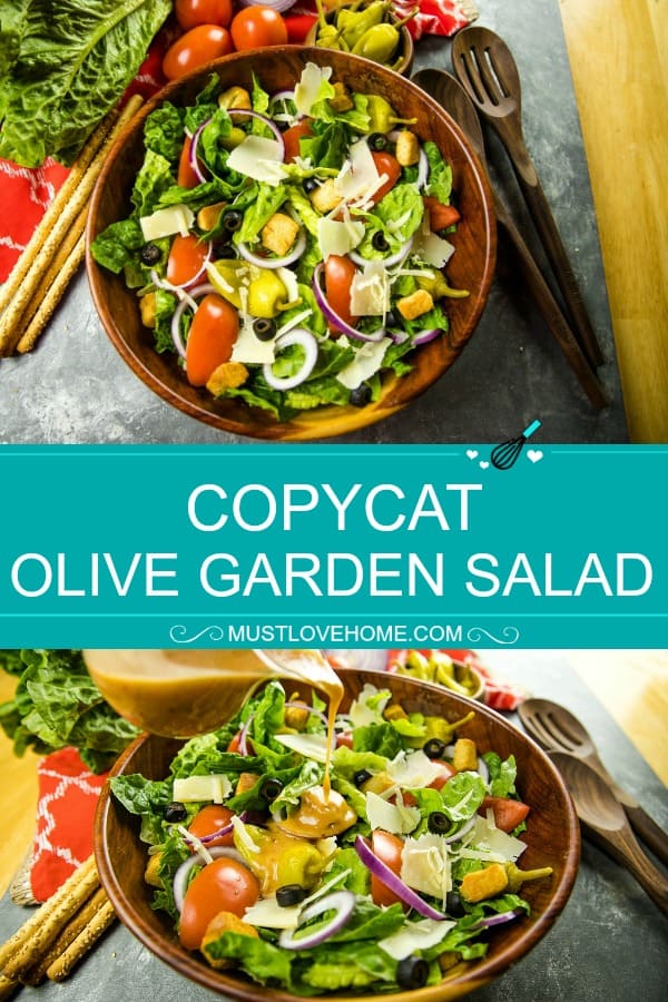 Copycat Olive Garden Salad is a true take on the original recipe with fresh lettuce greens, roma tomatoes and pepperoncini peppers. Served family style, just like the restaurant!