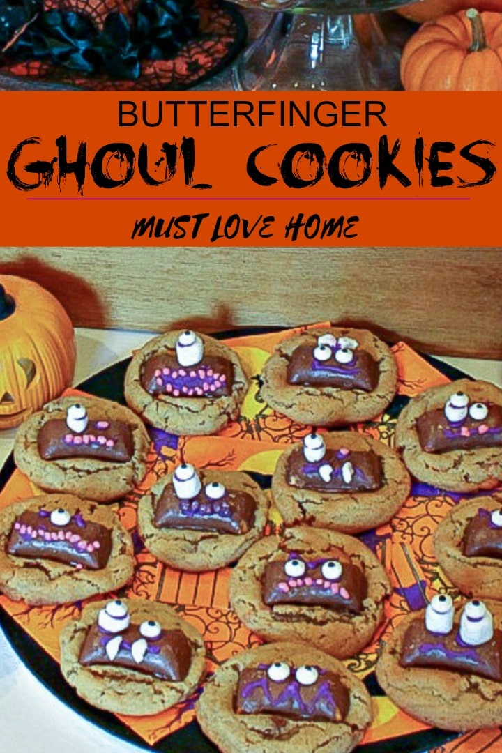 Butterfinger Ghoul Cookies are a tasty peanut butter and candy cookie treat! Cookies decorated for Halloween night, with ghoulish candy faces! Bake a batch to get the entire family in the Halloween spirit!