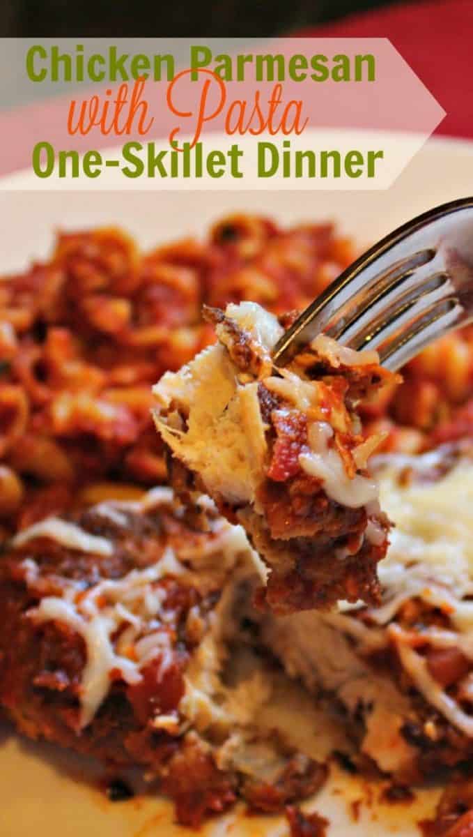 Make this One Skillet Chicken Parmesan Dinner and you will feel like you are in Italian Restaurant. Moist chicken, pasta sauce, spices, pasta and cheese combine to make this an easy dinner favorite.
