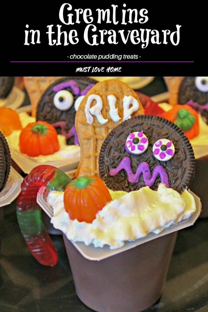 Gremlins in the Graveyard are chocolate pudding cups decorated with a froth of whipped cream, scary cookies and Halloween candy! A great party treat or a snack before the kids head out for Beggars Night!