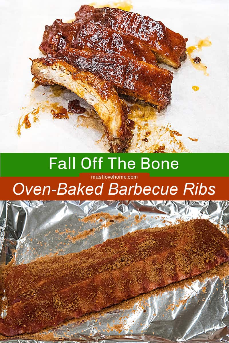 Best Ever Oven BBQ Ribs are moist, fall off the bone pork, smothered in a crispy, caramelized BBQ sauce. #mustlovehomecooking