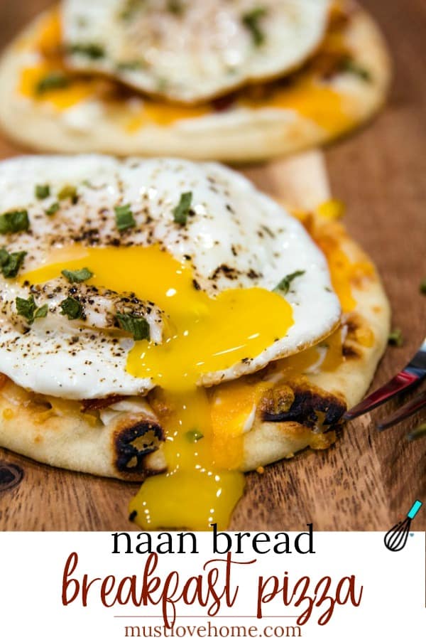 Naan Bread Breakfast Pizza with cream cheese, chives, bacon and cheese is totally delicious and an easy crowd favorite! It's ready in 10 minutes! #mustlovehomecooking