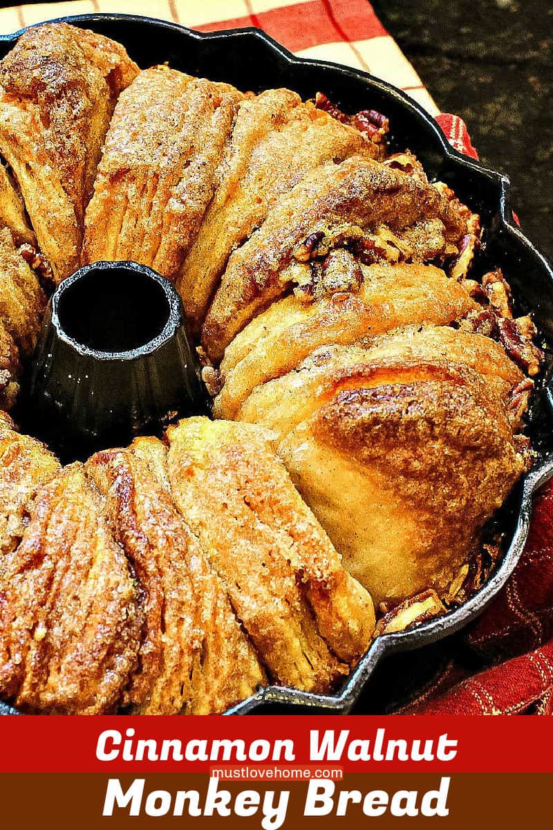 Cinnamon Walnut Monkey Bread is a maple sweet pan of pull-apart biscuits dripping with buttery caramel and toasty nuts. Deliciously easy to make and perfect for make-ahead and freezing! #mustlovehomecooking