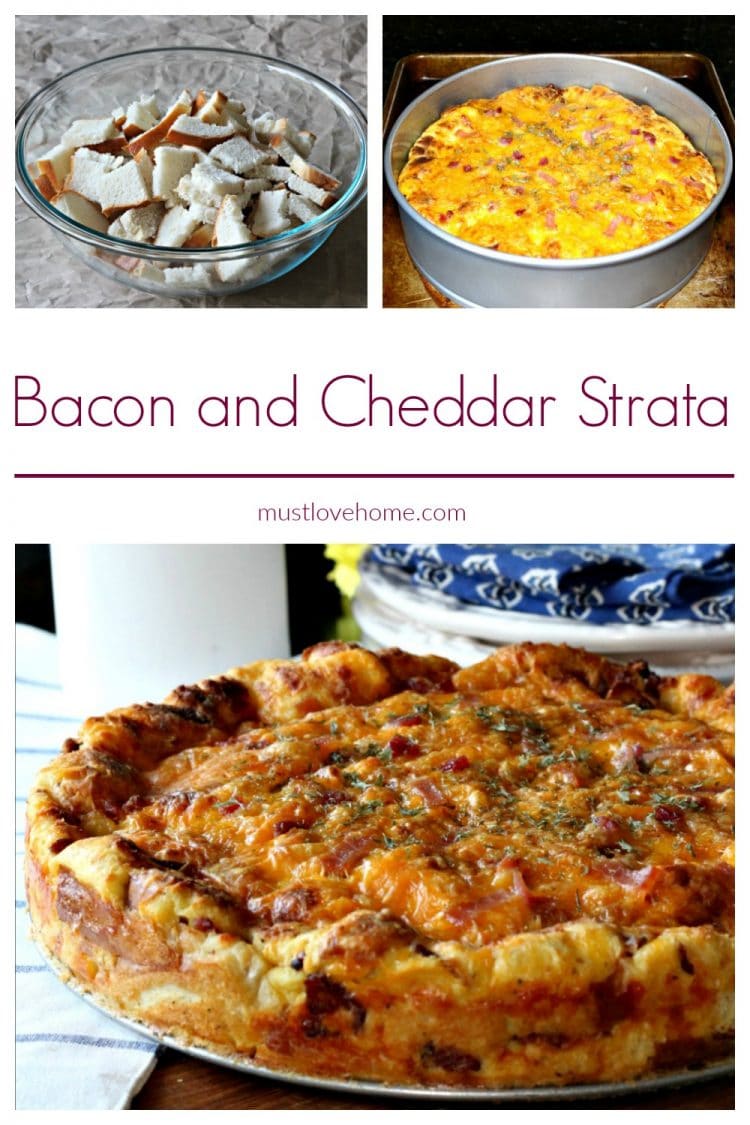Cheddar Bacon Strata is a savory bread pudding/cake made with just 5 simple ingredients. Eggs, Bacon, cheese, bread and milk are what you need to make this delicious and gorgeous Strata. The Strata can be made a day ahead of time too! Click over for the complete recipe and easy instructions.
