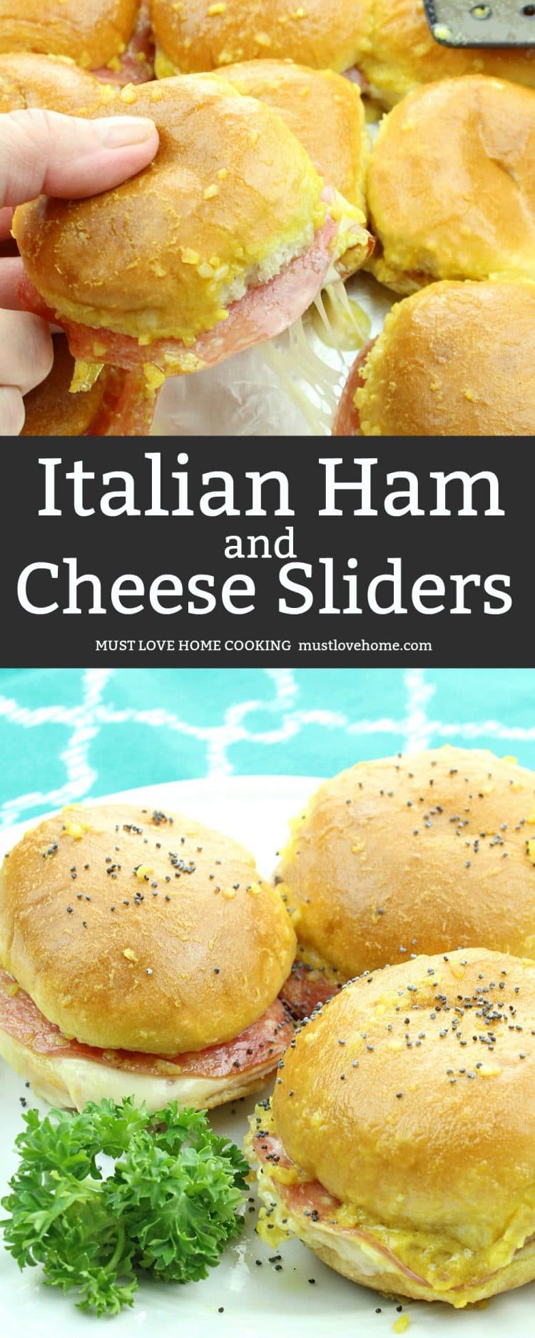 Italian Ham and Cheese Sliders - hot and tangy little sandwiches that are big on flavor.  Savory ham, spicy salami, velvety swiss cheese and a zippy mustard sauce combine to make an irresistible snack or a meal that everyone will love!