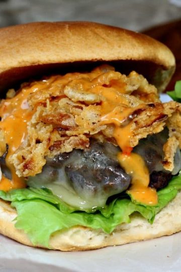 Cheddar Onion Straw Burger is a Plump, Juicy Burger Loaded White Cheddar Cheese and Piled High With Homemade Onion Straws! The Perfect Burger Recipe for Grilling - indoors or out!