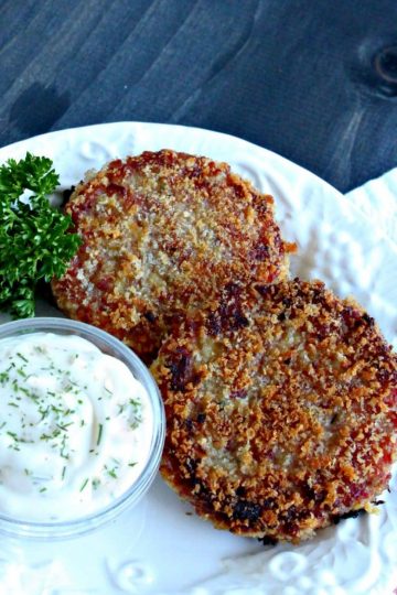 Crisp and savory Ham Cakes served with a fresh garlic dipping sauce is a perfect recipe to use up leftover ham.