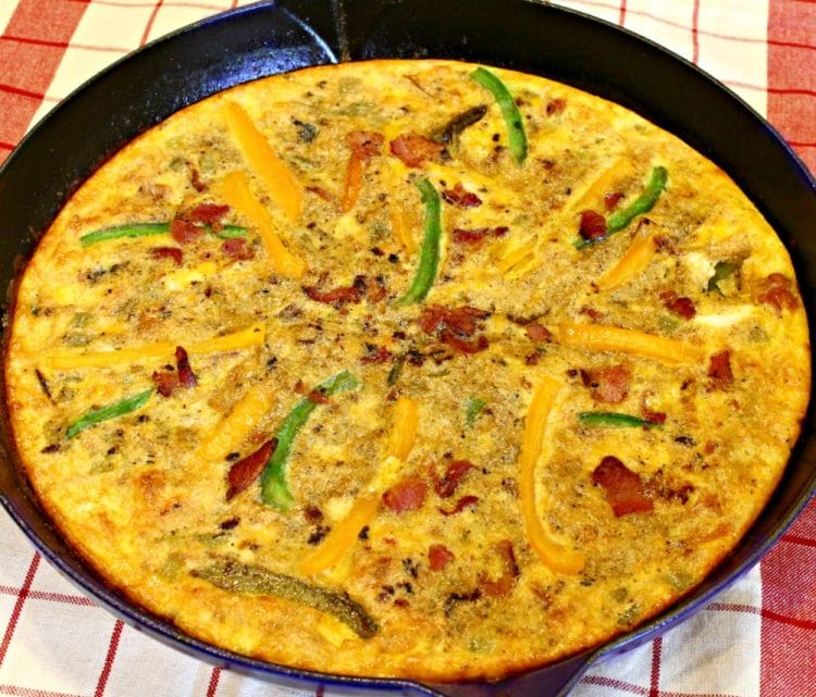 A Southwest Bacon Frittata, on the table in less than 30 minutes! So quick and easy as a weeknight dinner or fancy brunch! And it can be made ahead of time!!