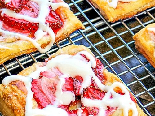 Crisp, sugar dusted puff pastry with juicy slices of strawberry baked on top.