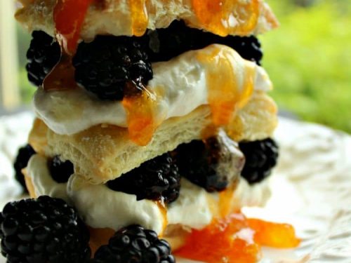 Blackberry Napoleon is a light and airy dessert recipe made from puff pastry, real whipped cream, blackberries and apricot preserves - a gorgeous and tasty finish to any meal!