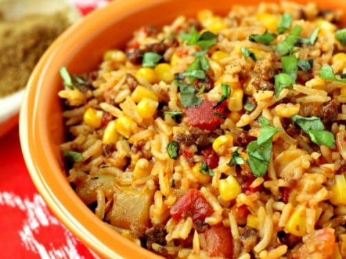 Mexican Chorizo Rice is a hearty and flavorful blend of rice, chorizo, tomatoes, peppers and spices that can be served as a main meal or a side dish.