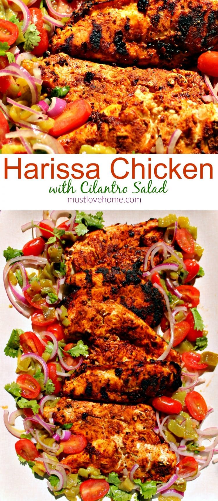 Harissa Chicken are grilled chicken breasts that have been marinated with a harissa rub of paprika, chipotle chilies, adobo sauce and cumin then served with a refreshing cilantro salad. Great alone or used as taco filling or the base for spicy chicken salad!