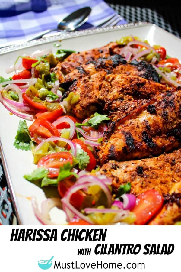 Harissa Chicken are grilled chicken breasts that have been marinated with a harissa rub of chipotle chilies, adobo sauce and spices then served with a refreshing cilantro salad.