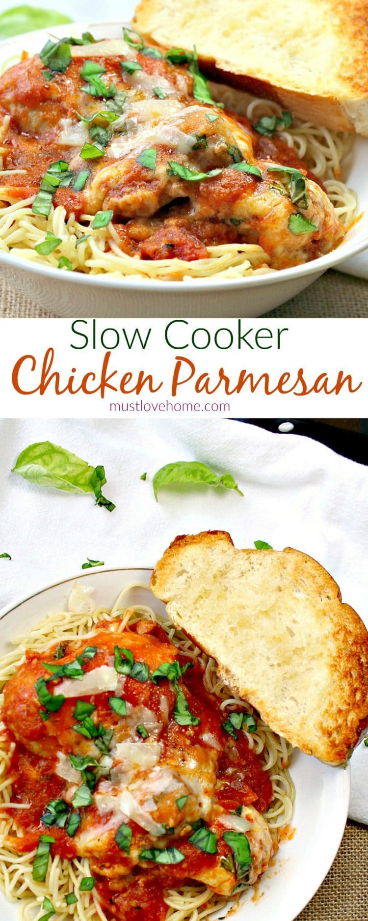 Slow Cooker Chicken Parmesan is an Italian Classic - tender chicken thighs coated with a tangy tomato sauce and then covered in a layer of bubbling Mozzarella cheese - so easy to make in the slow cooker!