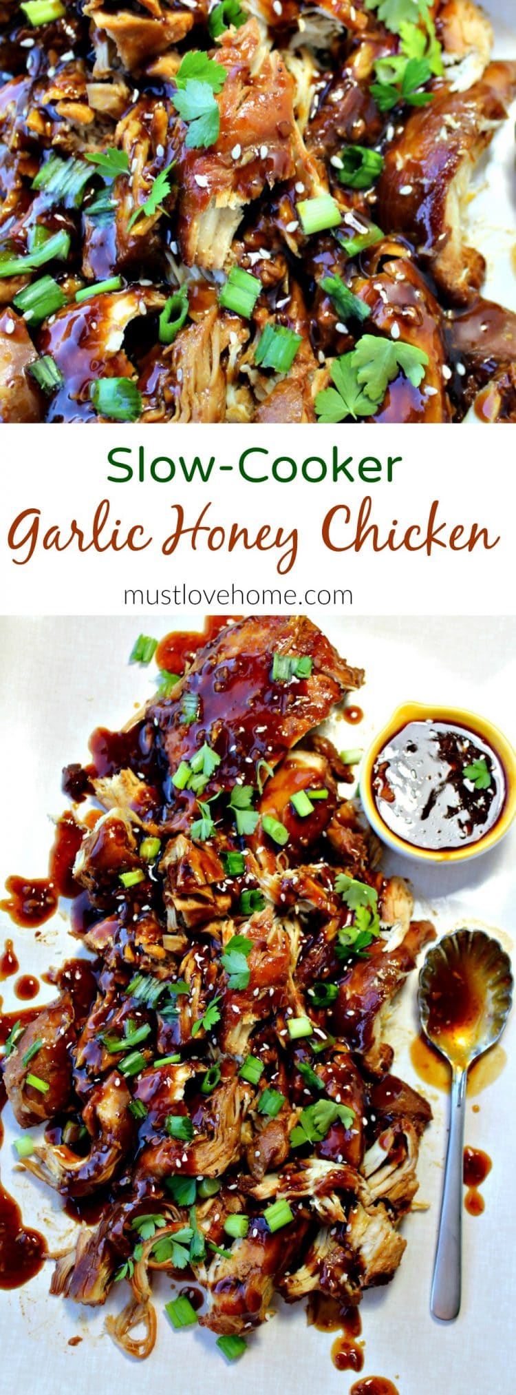 Slow Cooker Garlic Honey Chicken is tender, slow cooked chicken breasts covered in a sweet, spicy garlic sauce that will have everyone asking for seconds!