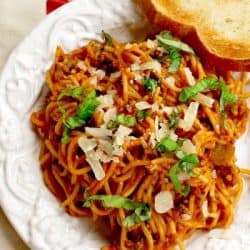 Easy Crock Pot Spaghetti is the real deal - with just beef, pasta , sauce and a few spices  it is a cinch to make and full of flavor. This recipe is a definite thumbs up!