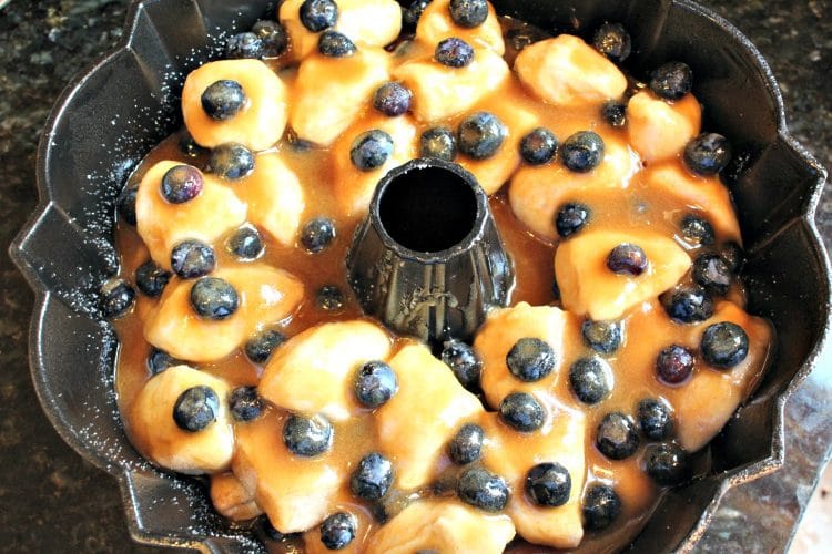 Blueberry Vanilla Monkey Bread is a delicious pull apart bundt loaf chock full of blueberries, smothered and baked in a syrup made from cinnamon, butter and vanilla. It is an amazing brunch dish that will also be a hit at any potluck or party!
