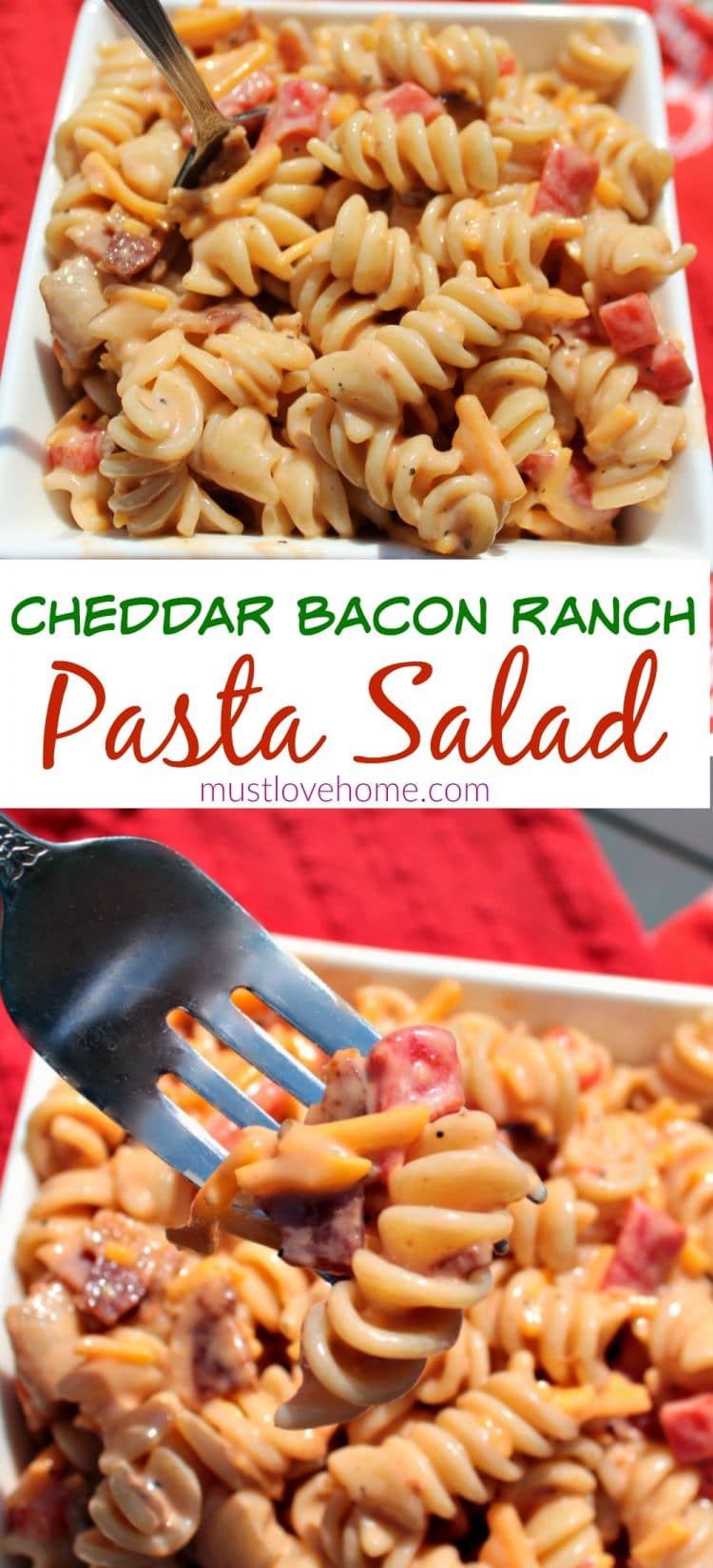 Cheddar Bacon Ranch Pasta Salad - a quick and easy combination of favorite flavors like bacon, cheddar cheese and ranch dressing tossed with pasta and BBQ sauce to create a cold side that will become your new go-to pasta salad dish! Great for picnics and potlucks too!