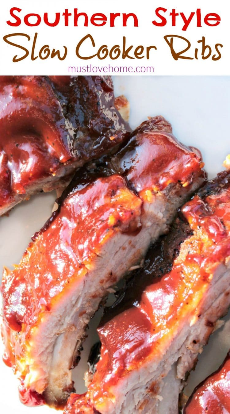 Southern Style Slow Cooker Ribs are savory, baby back ribs that are fall-off the bone tender. The secret to their amazing flavor is to slather the ribs with a brown sugar and spice dry rub before cooking. Finish with your favorite BBQ sauce under the broiler or on the grill!