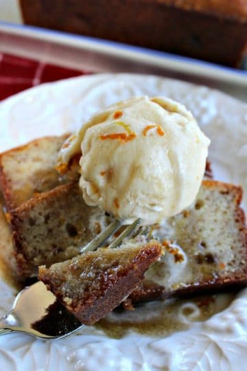 Bananas Foster Bread with rum sauce is made in the traditional banana bread style, the warm loaf is soaked in rum sauce.