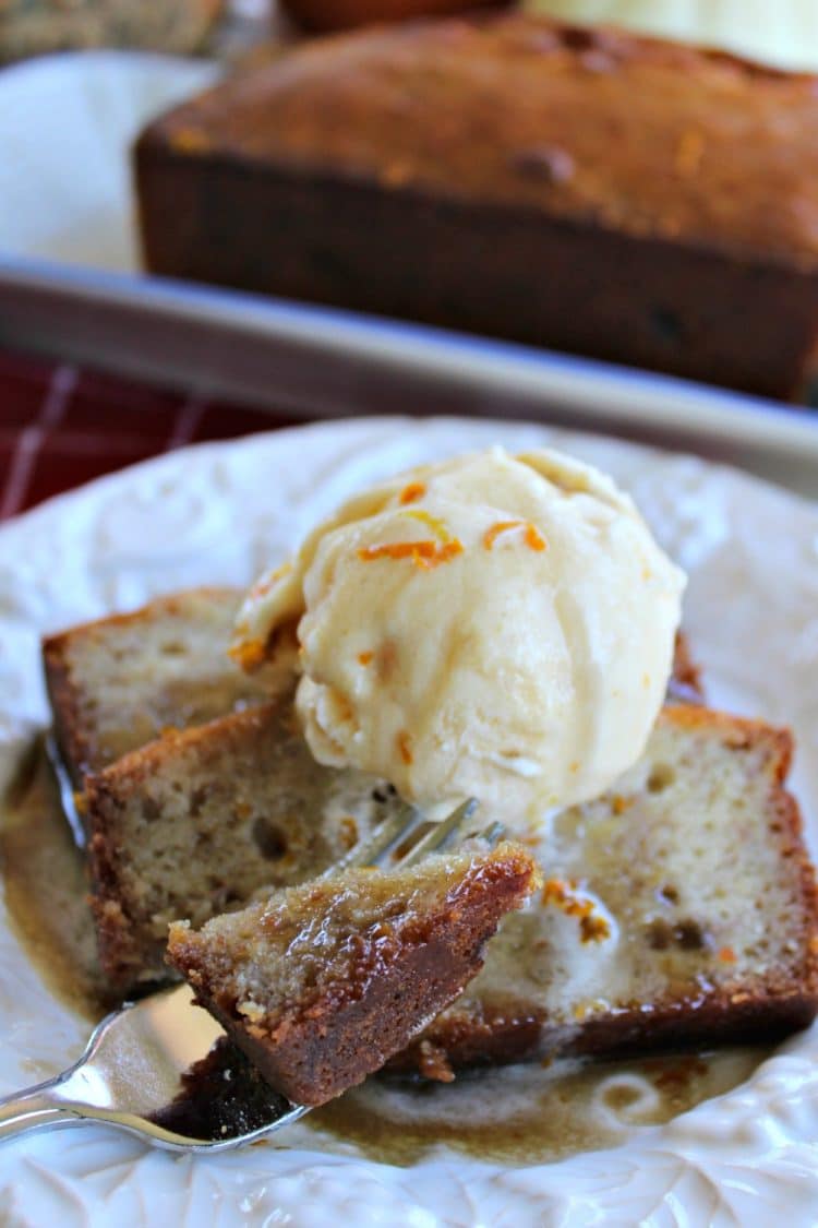 Bananas Foster Bread with rum sauce is a take on the New Orleans classic dessert. Made in the traditional banana bread style, the warm loaf is soaked in rum sauce, then served with more sauce and a scoop of vanilla ice cream. A rich, adult dessert.