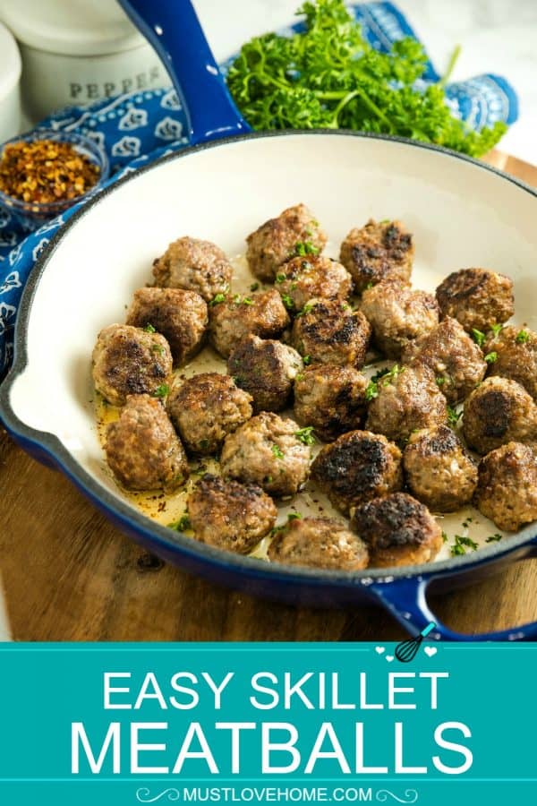 Easy Skillet Meatballs are savory bites of beef, onion, caraway seeds and spices that you can add to pasta, soups or sandwiches for an easy meal. Great for making ahead and freezing. #mustlovehomecooking