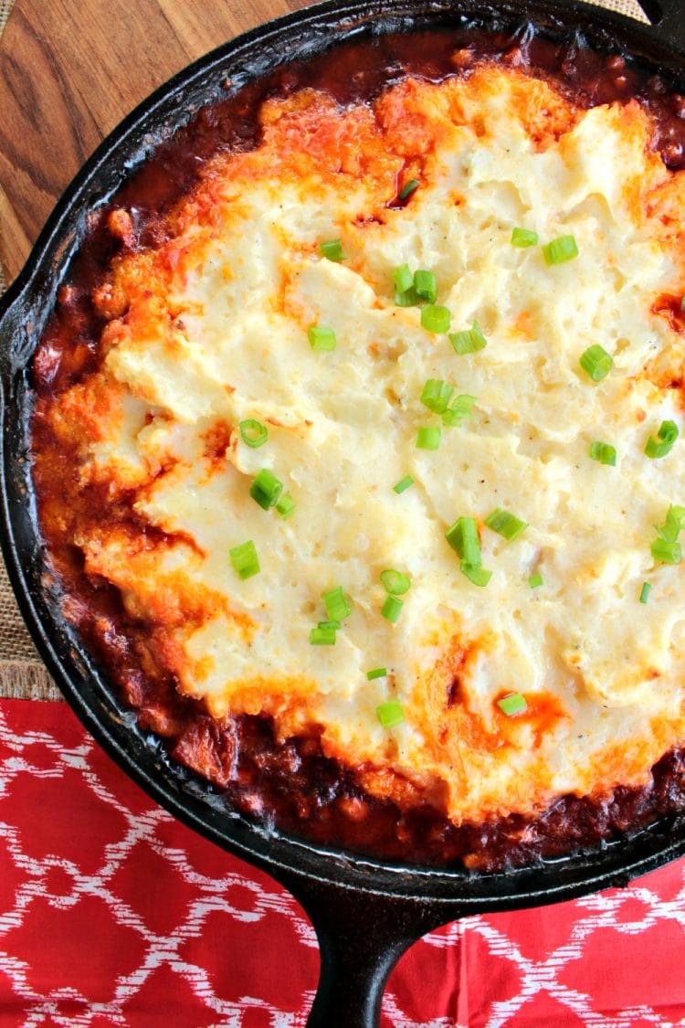 Chorizo Shepherd's Pie is a hearty blend of Mexican Chorizo, chicken and corn with a spicy tomato sauce, topped with velvety pepper jack cheese mashed potatoes. A complete meal that is ready in under an hour.
