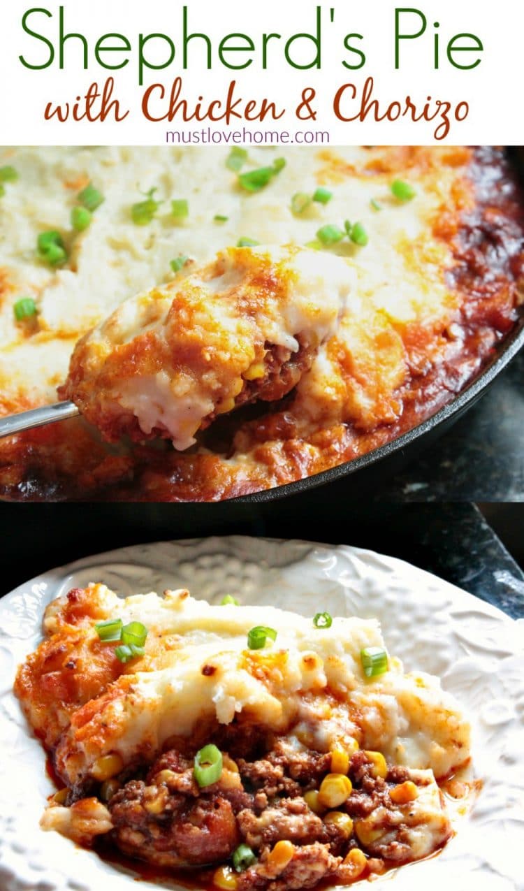 Chorizo Shepherd's Pie is a hearty blend of Mexican Chorizo, chicken and corn with a spicy tomato sauce, topped with velvety pepper jack cheese mashed potatoes. A complete meal that is ready in under an hour.