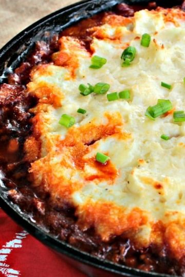 Chorizo Shepherd's Pie is a hearty blend of Mexican Chorizo, chicken and corn with a spicy tomato sauce, topped with velvety pepper jack cheese mashed potatoes. A complete meal that is ready in under an hour.