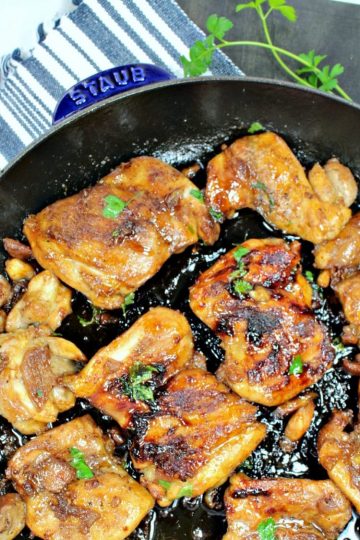 Sweet and Soy Chicken is pan seared chicken thighs drenched in a thick, sweet soy glaze.