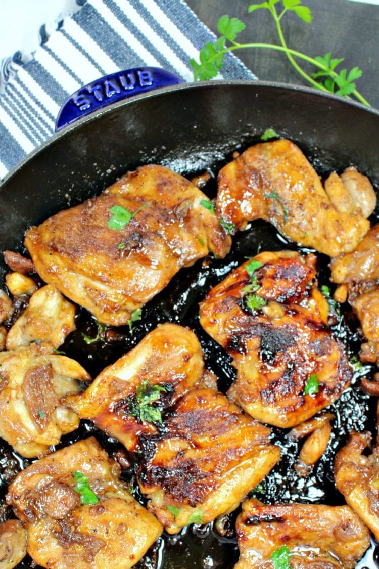 Sweet and Soy Chicken is pan seared chicken thighs drenched in a thick, sweet soy glaze. 