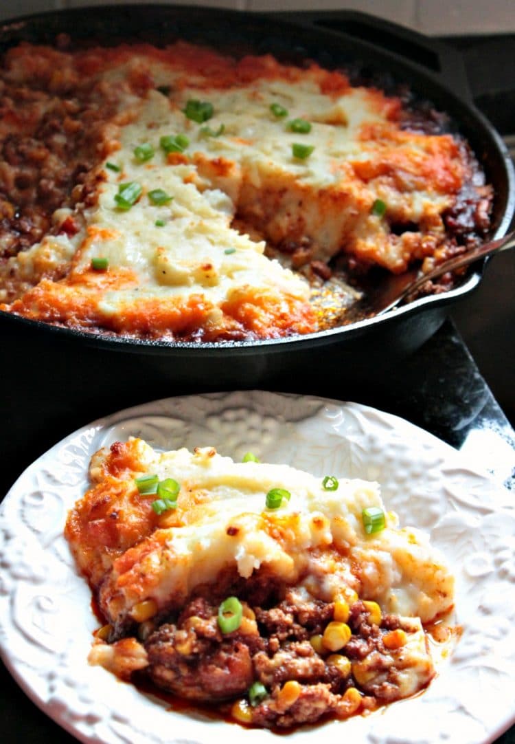 Chorizo Shepherd's Pie is a hearty blend of Mexican Chorizo, chicken and corn with a spicy tomato sauce, topped with velvety pepper jack cheese mashed potatoes. A complete meal that is ready in under an hour.