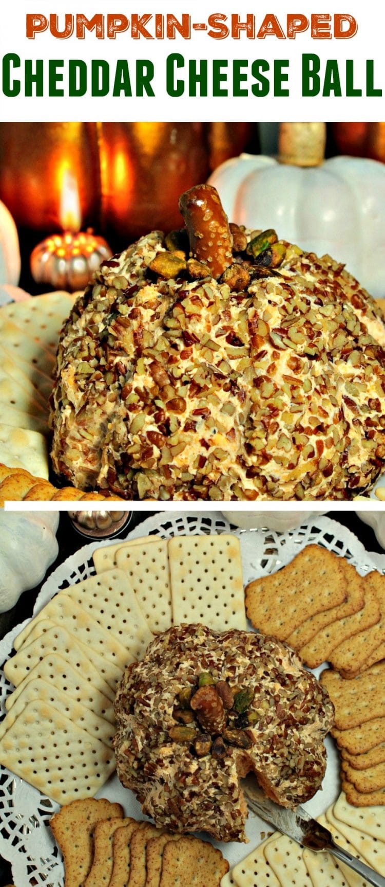 Pumpkin-Shaped Cheddar Cheese Ball - your guests will love the cute seasonal shape! There is no pumpkin in the recipe, the inside is savory smooth cheddar, cream cheese and spices. Great to eat right away and even better when made ahead!