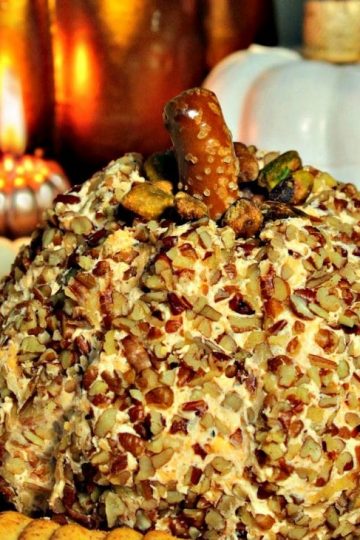 Pumpkin-Shaped Cheddar Cheese Ball - your guests will love the cute seasonal shape! There is no pumpkin in the recipe, the inside is savory smooth cheddar, cream cheese and spices. Great to eat right away and even better when made ahead!