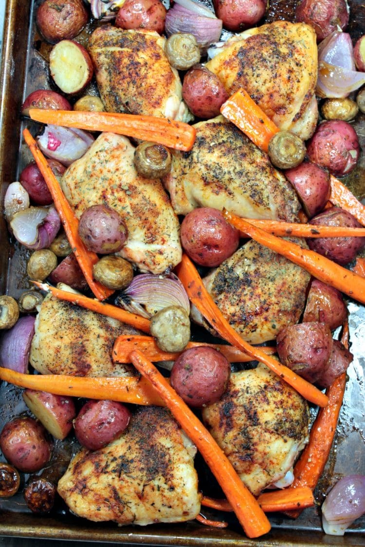 One Pan Roast Chicken with Balsamic Vegetables - smoky herb chicken, roasted on a bed of balsamic tossed fresh vegetables. Makes a complete meal that is ready in less than an hour!