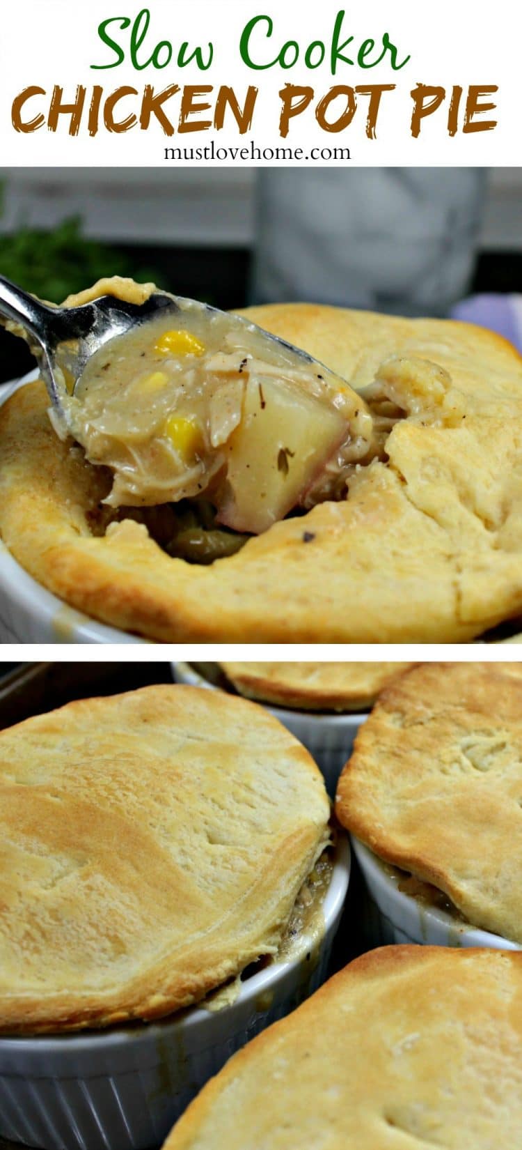 Slow Cooker Chicken Pot Pie is chicken and vegetables, smothered with a savory homemade gravy, topped with a crisp,flaky crust, No cream of chicken soup is used!