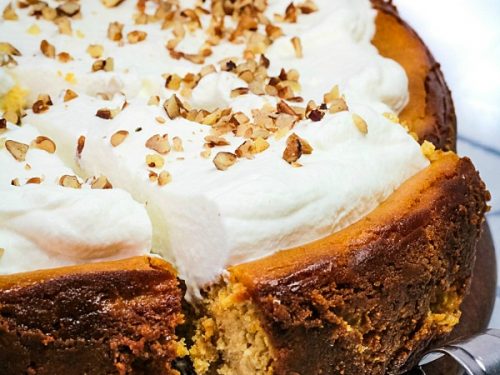 Fall parties and holidays are extra special with a rich and creamy homemade Brown Sugar Pumpkin Cheesecake. Packed with seasonal flavor in every bite! #mustlovehomecooking