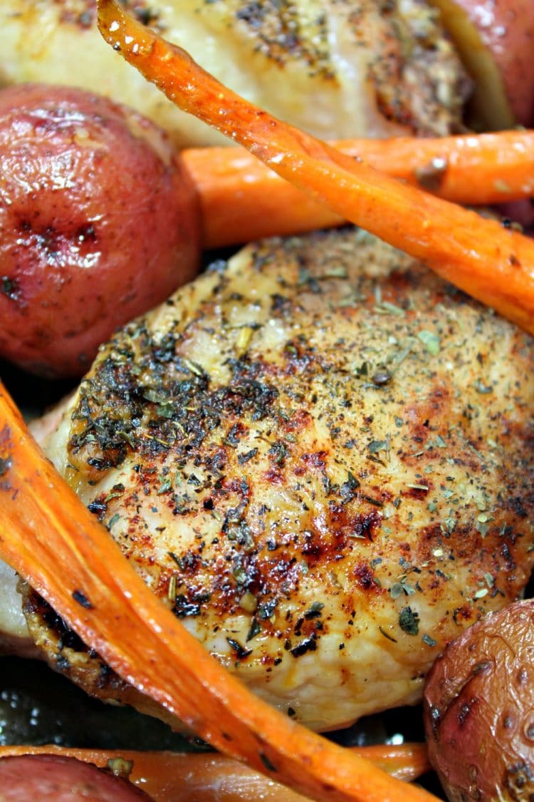 One Pan Roast Chicken with Balsamic Vegetables - smoky herb chicken, roasted on a bed of balsamic tossed fresh vegetables. Makes a complete meal that is ready in less than an hour!