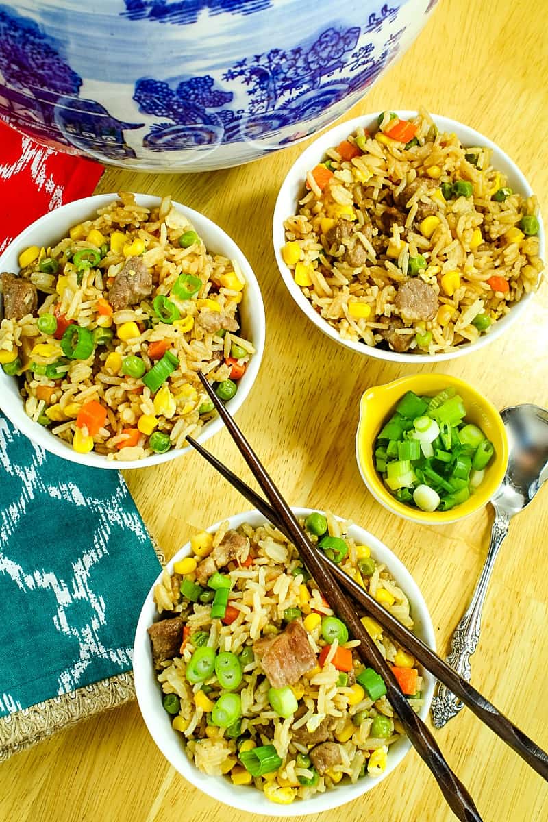 Pork and Vegetable Ponzu Fried Rice is better than take-out! Ponzu gives this fried rice a refreshing hint of citrus flavor and is lighter than standard soy sauce!