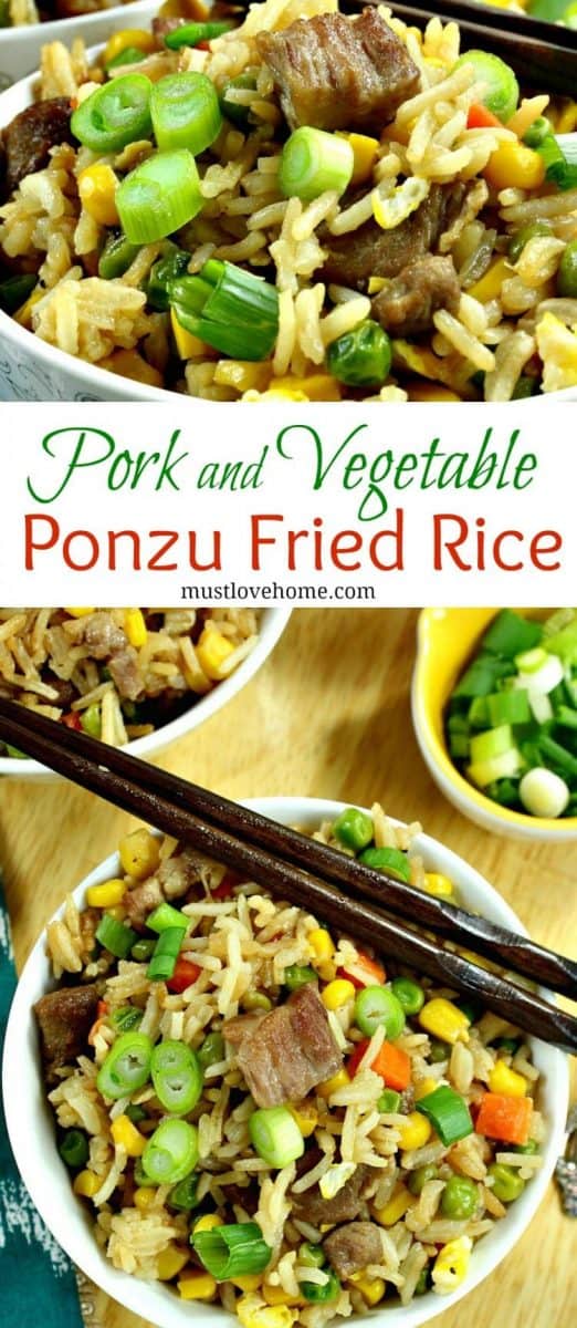 Pork and Vegetable Ponzu Fried Rice is better than take-out! Ponzu gives this fried rice a refreshing hint of citrus flavor. Make-ahead friendly too! #mustlovehomecooking