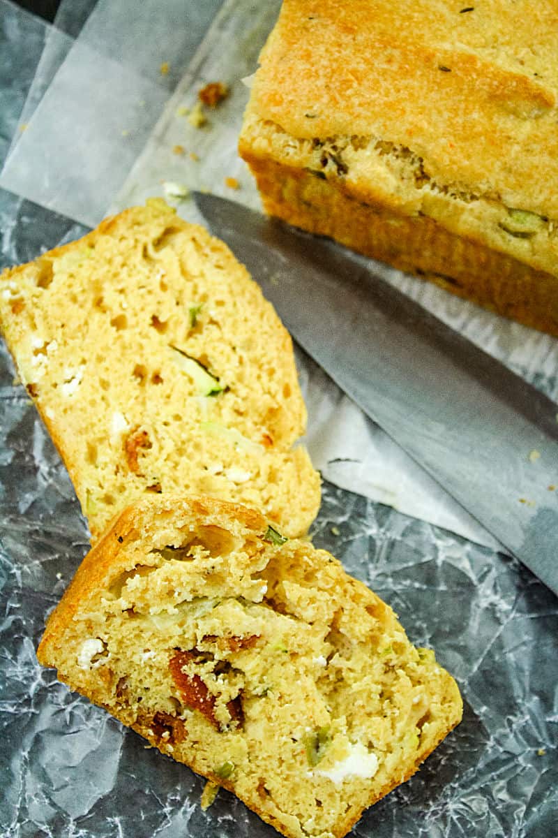 Goat Cheese Bacon Zucchini Quick Bread is a savory loaf filled with creamy goat cheese, smoky bacon and tender zucchini. #mustlovehomecooking