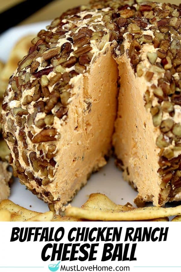 Buffalo Chicken Ranch Cheese Ball is a spicy, savory pecan coated cheese ball that was born to party! An amazing recipe that can easily be made ahead of time.