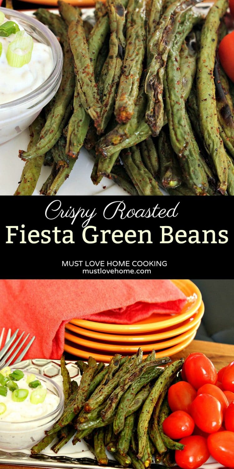 Fiesta Green Beans - serve something different on your next veggie tray. Crispy and spicy and charred to perfection, Fiesta green Beans are perfect for dipping into your favorite sauce. And they are healthy too, so how can anyone resist!