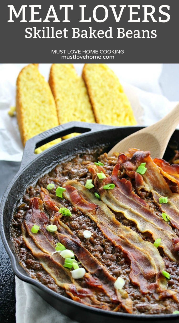 Loaded with Beef, Italian sausage and Bacon and dripping with tangy sauce, this Meat Lovers Skillet Baked Beans is both comfort food and a satisfying meaty meal.