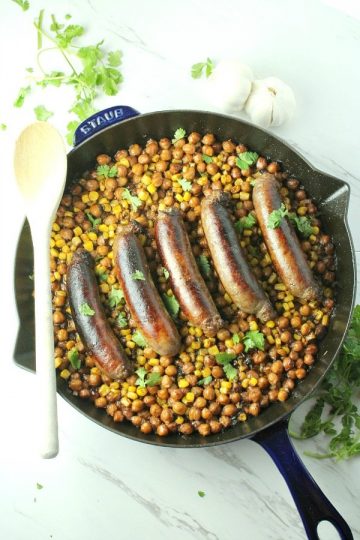 Chipotle Sausage and Bean Bake is crispy, mouthwatering sausages, beans and corn smothered in creamy chipotle puree.