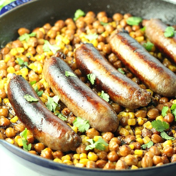 Chipotle Sausage and Bean Bake is crispy sausages beans and corn smothered in chipotle puree.